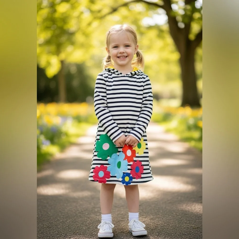 Girls Hooded Dress – Size 7 – Black & White Stripes with Floral Appliqué